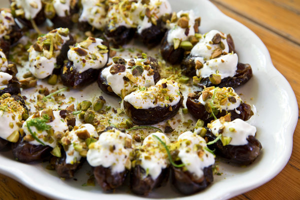 Dates with Cream and Chopped Pistachios